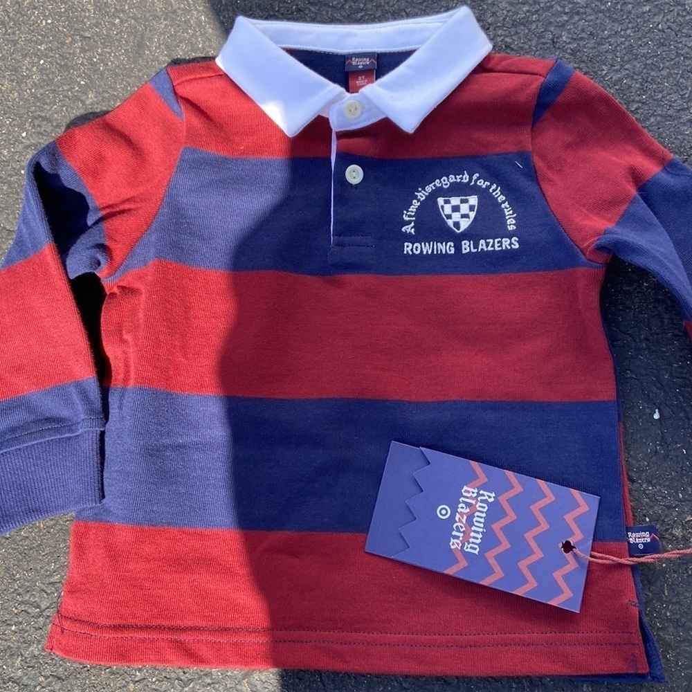 Rowing Blazers Crest Stripe Collared Long Sleeve Rugby Shirt New — image 3 of 4